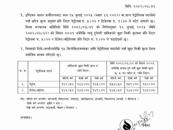 डिजेल र पेट्रोलियम पदार्थको मूल्य घट्यो